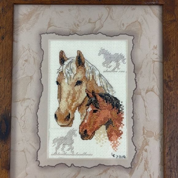 Horse Cross Stitch Complete w Wood Frame Included Equestrian Duo - Picture 3 of 11